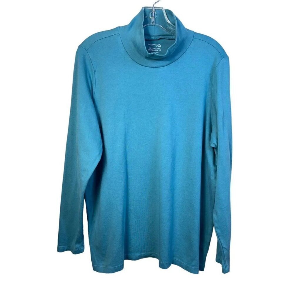 COLDWATER CREEK Women's Sz 1X Blue Stand Neck Tee Turtle Long Sleeve Soft Top